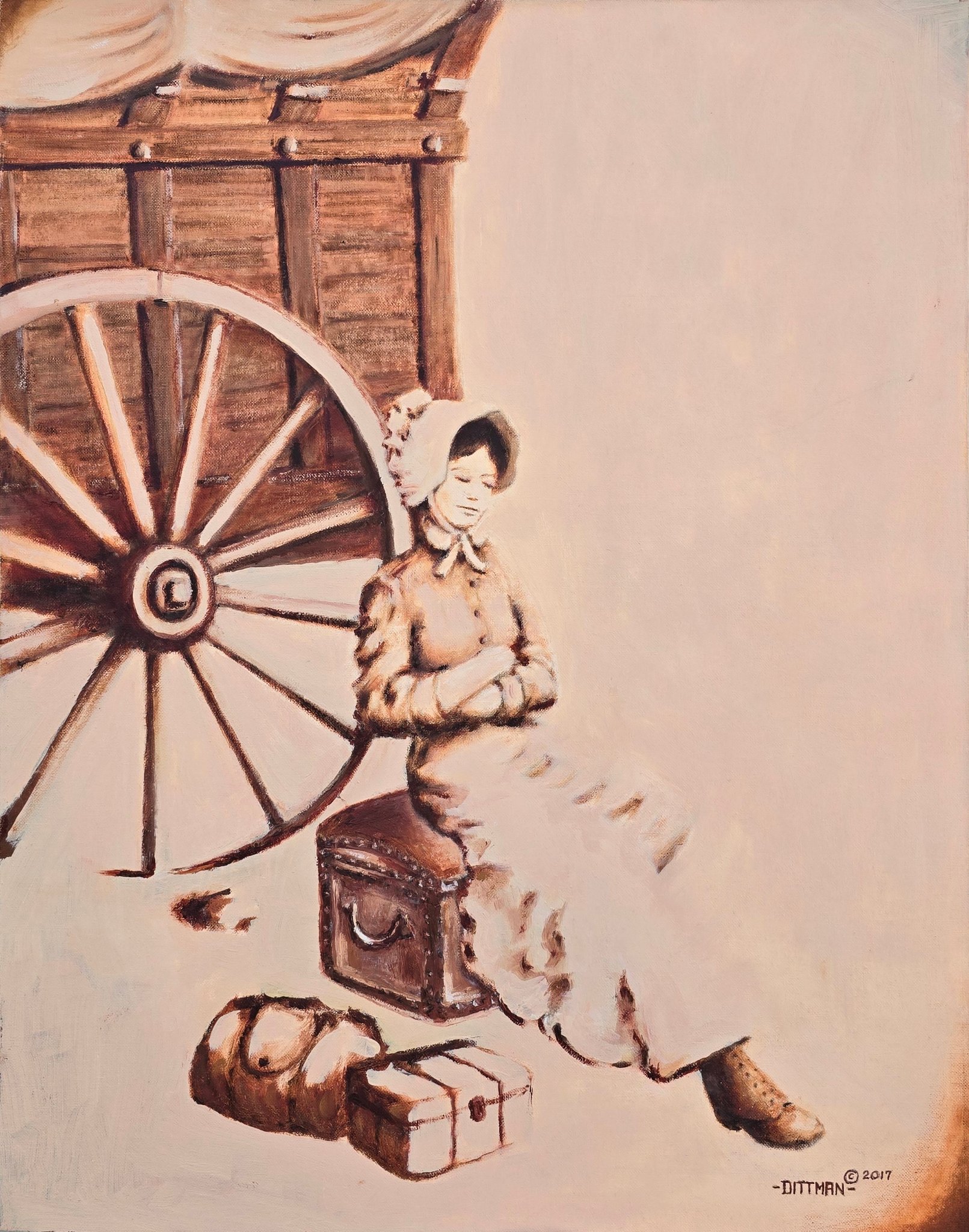 Pioneer woman resting beside a covered wagon — oil painting by Dave Dittman